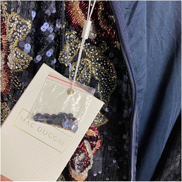 Mac Duggal Dress 20 Blue Sequined Floral Long Sleeve Midi Dress 93624 Modest - Picture 15 of 16